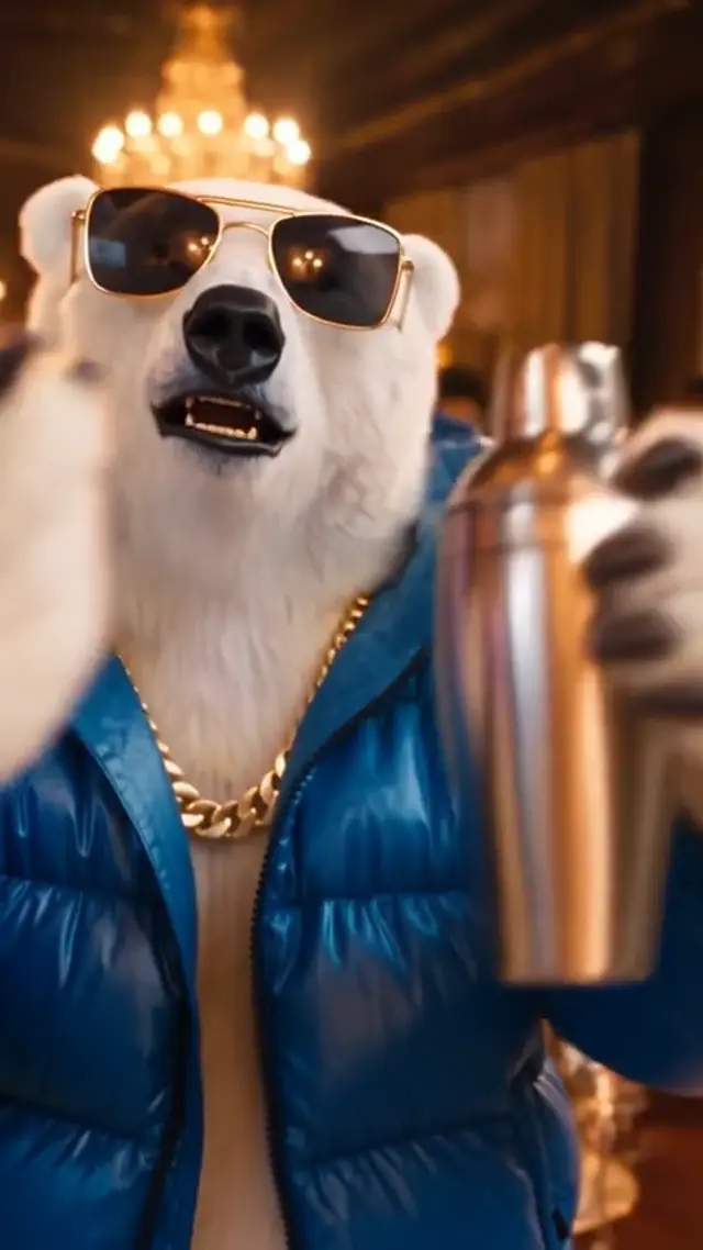 Polar bear in sunglasses performing close to the camera