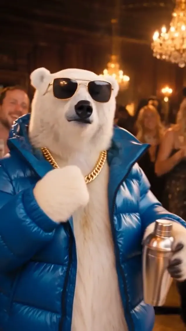 Polar bear opening its arms while performing for the party crowd