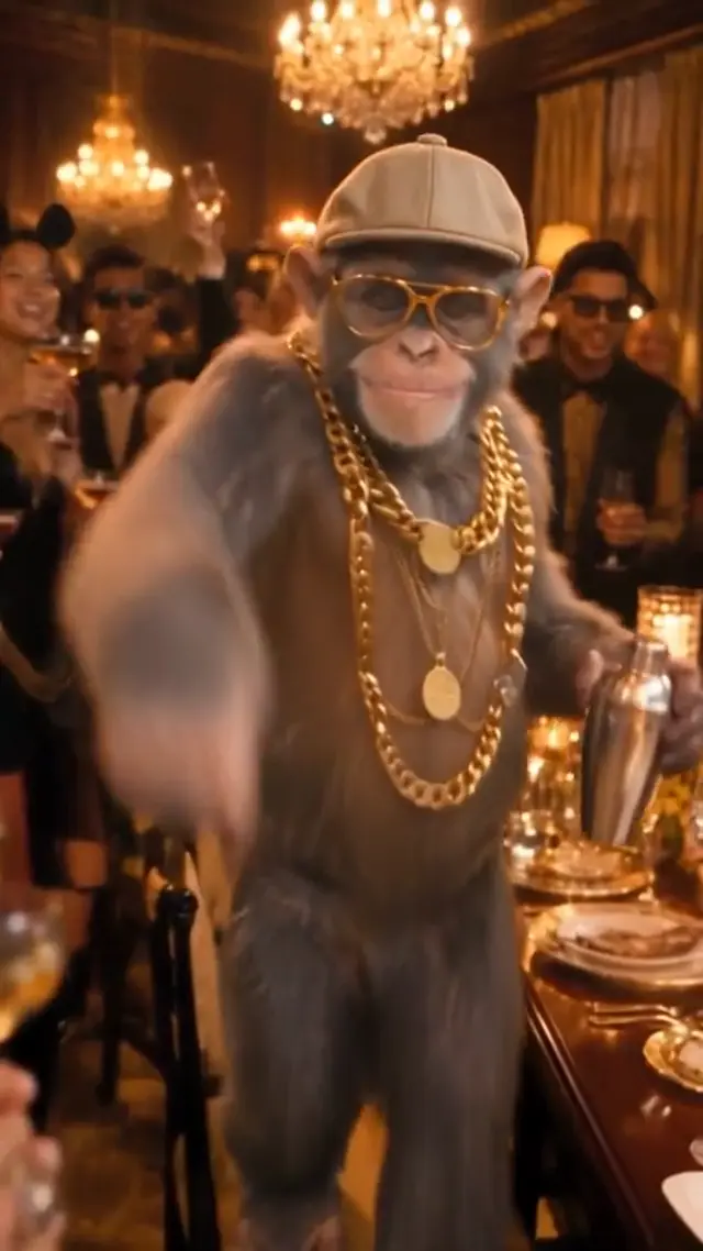 Monkey performer stepping forward in a chandelier-lit party